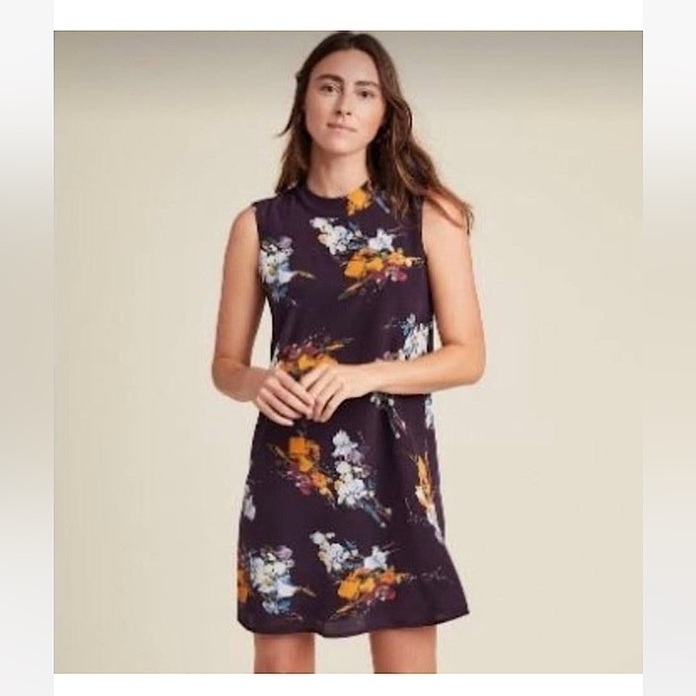 AMOUR VERT Silk Floral High Neck Tie Back Cutout Sleeveless Shift Mini Dress XS